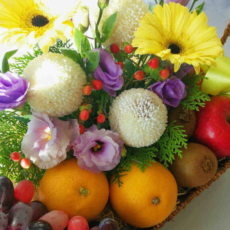 Fruit box, get well soon, free delivery, kl, kuala lumpur, birthday, surprise, grapes, orange, apple, kiwi, gerbera, eustoma, ping pong, red berries, rattan basket